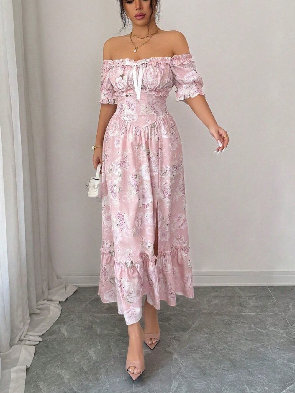 Pink Boho Women's Off-Shoulder Ruffle Bow A-Line Floral Dress - Picture 9 of 10